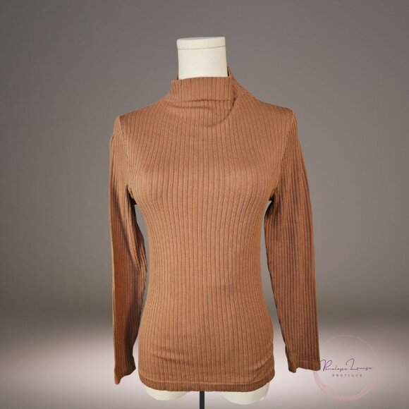 Choice Ribbed Mock Neck Sweater One Size Plus | Camel Brown Cozy Knit - Picture 2 of 7
